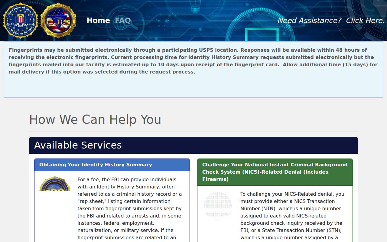 FBI identity portal for a Shiawassee County criminal history self-review