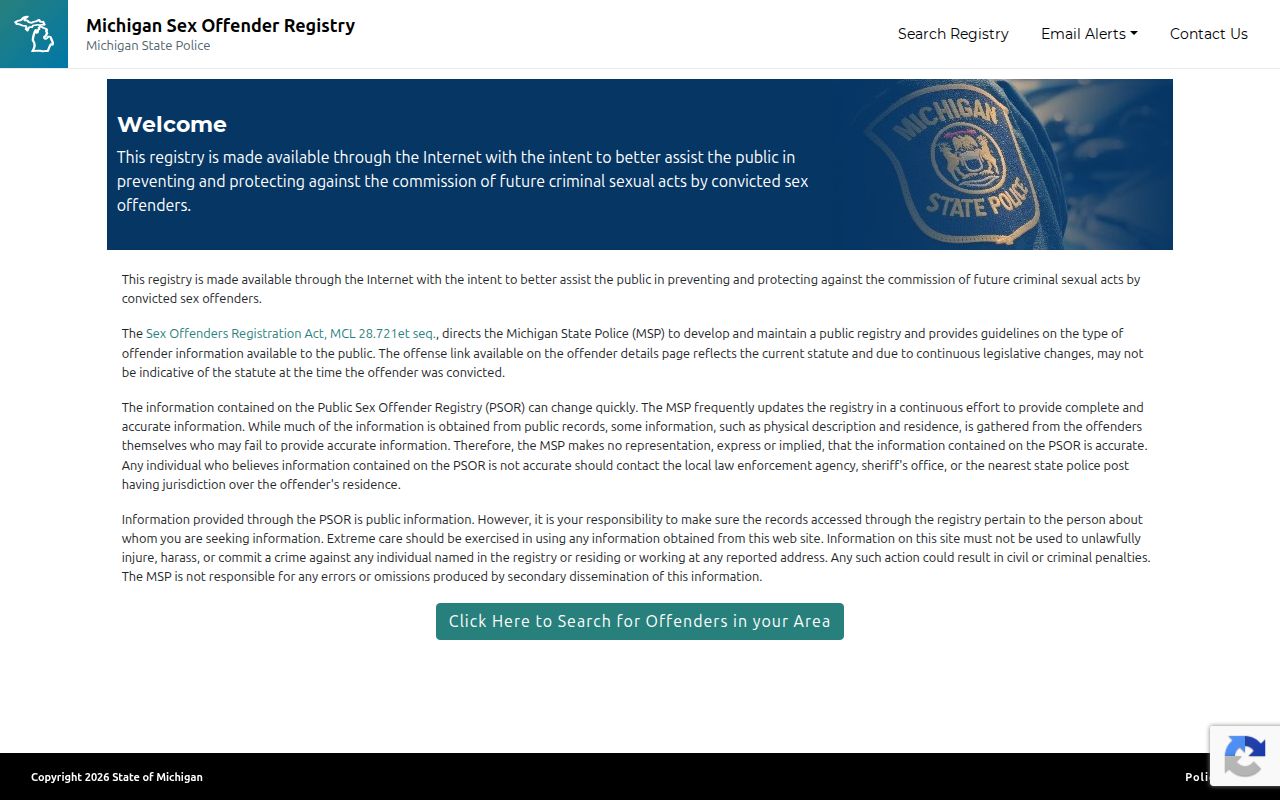 Shiawassee County sex offender search on the Michigan PSOR interface