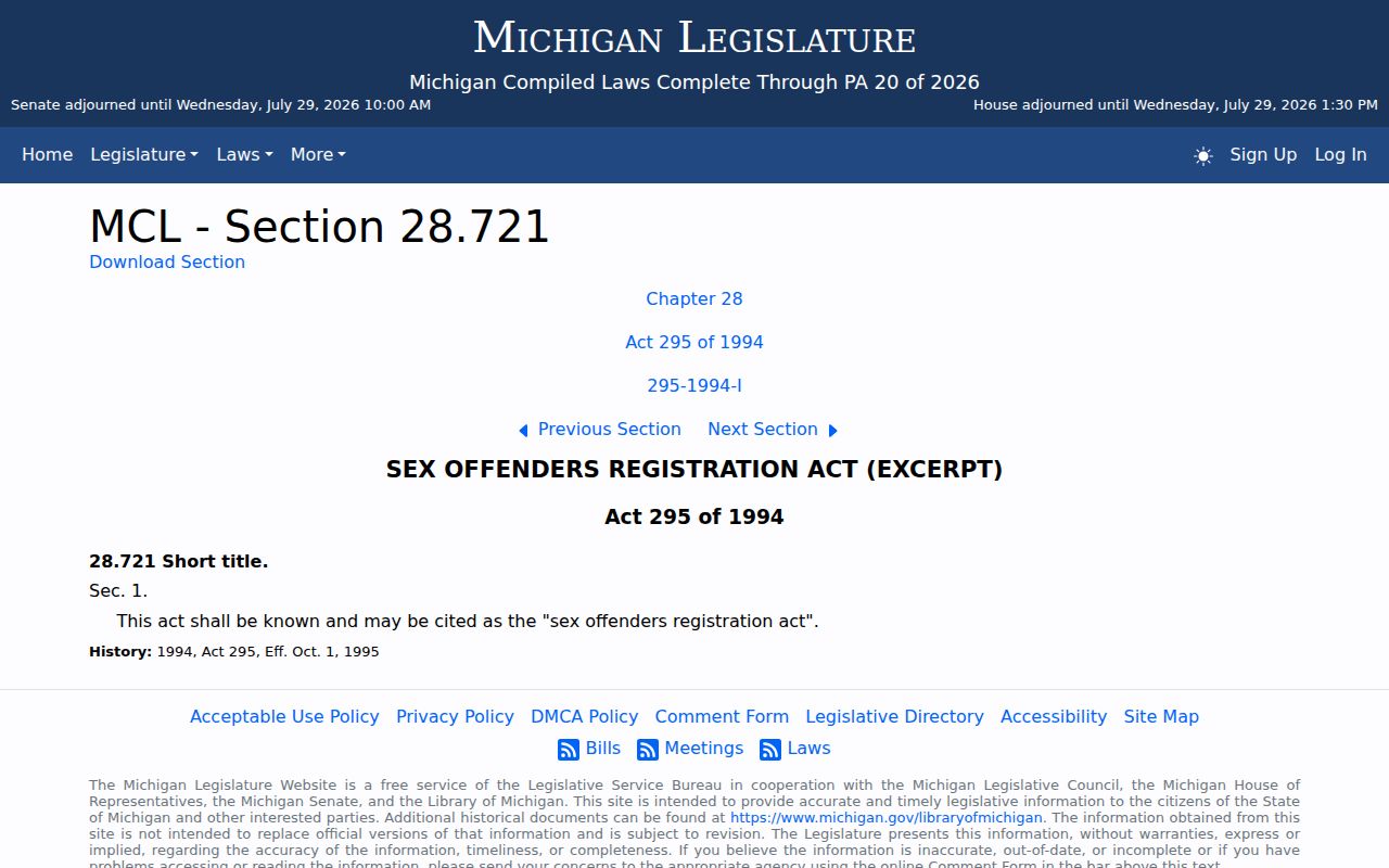 Michigan Sex Offenders Registration Act source for Shiawassee County registry requirements